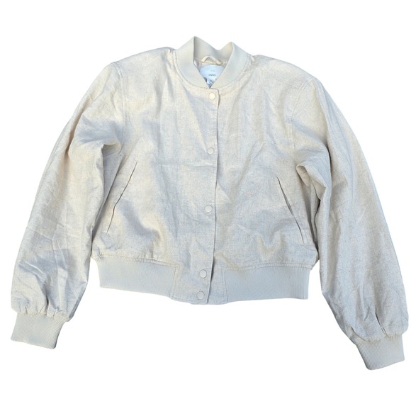 H&M Linen Blend Bomber Jacket, Snap Front Light Beige Lightweight Women's Large - Picture 5 of 7